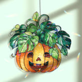 Pumpkin Monstera Acrylic Suncatcher, Stained Glass Style Jack O’Lantern with Green Leaves Window Hanging